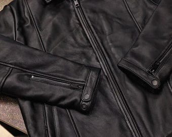 Men's Real Black Leather Jacket Classic Shirt Collar Biker Bomber Jacket Casual Real Leather Coat Outerwear