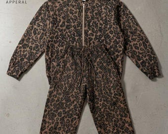 400 GSM Rhinestone Leopard Print Zip Up Hoodie and Joggers Set