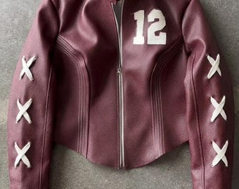 Custom Leather Football Jacket, Maroon Vintage Corset Biker Jacket with Lace Up Sleeves, Customized Varsity Patch Leather Jacket