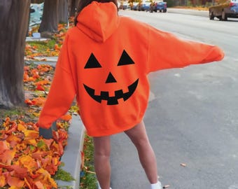 Orange Pumpkin Hoodie - Jack O Lantern Face Hoodie 400 GSM Heavyweight Halloween Sweatshirt