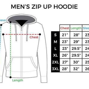 May include: A line drawing of a zip up hoodie with a size chart displaying chest, length, and sleeve measurements in inches for sizes S through 3XL. The diagram includes dashed lines indicating where to measure the chest, length, and sleeve.