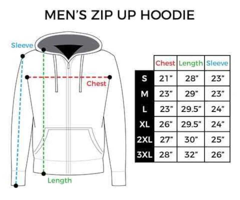 May include: A line drawing of a zip up hoodie with a size chart displaying chest, length, and sleeve measurements in inches for sizes S through 3XL. The diagram includes dashed lines indicating where to measure the chest, length, and sleeve.