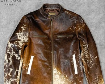 Unisex Real Cowhide Leather Jacket synthetic Hair On Fur Brown White Western Biker Jacket Leather Duster Coat