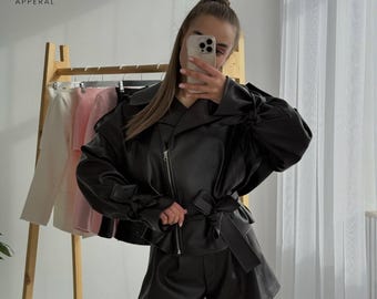 Dark Brown Leather Two Piece Set Belted Moto Biker Jacket with Bow Cuff Sleeves  High Waisted Shorts Luxury Streetwear