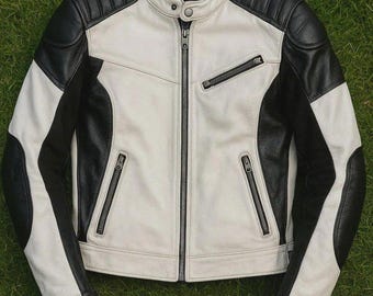 Mens Two Tone Leather Motorcycle Jacket Black White Biker Leather Coat Cafe Racer Padded Biker Jacket