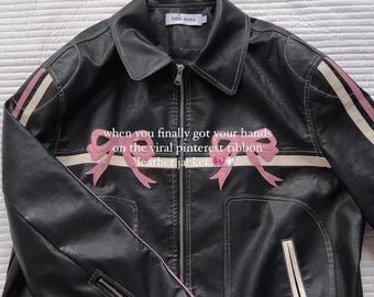 Black Leather Bomber Jacket, Pink Bow Detail, Y2K Racing Style Coat