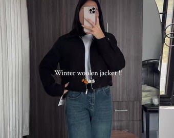 Women Wool Jacket | Winter Zip Up Bomber Coat