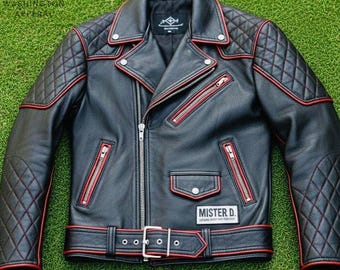 Men Black Leather Biker Jacket, Red Piping Diamond Quilted Moto Jacket, Real Leather Asymmetric Belted Punk Rock Outerwear