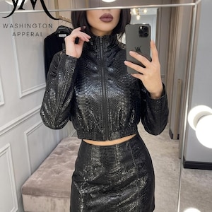 Embossed Python Snake Print Leather Two-Piece Set, Black Cropped Bomber Jacket & Mini Skirt, Gothic Luxury Streetwear Outfits
