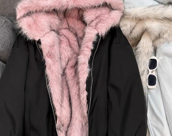 Chaqueta con capucha rosa de piel sintética con orejas de gato