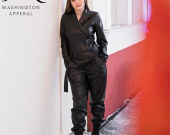 Women's Black Real Leather Double-Breasted Jumpsuit, Belted Tuxedo Romper