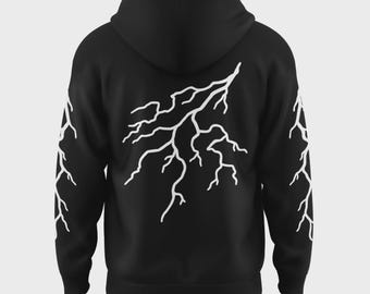 Reflective Hoodie, Reflective Sweatshirt, Aesthetic Grunge Hoodie, Black Hooded Sweatshirt with Lightning Sleeves, Y2K Clothing