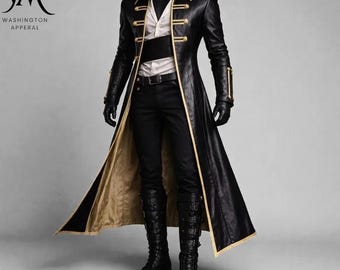 Men Leather Trench Coat Black Gold Gothic Pirate Steampunk Long Jacket Cosplay Vintage Officer Duster