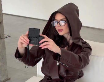 Dark Brown Leather Two Piece Set Hooded Belted Wrap Jacket Matching Pants Biker Set Luxury