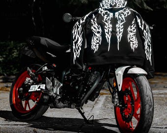 Reflective Biker Hoodie | 400 GSM Motorcycle Jacket with Glow Flame Tribal Print | Black White Protective Riding Hoodie for Men