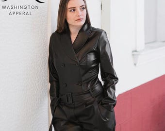 Women's Black Real Leather Double-Breasted Jumpsuit, Belted Tuxedo Romper