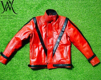 Michael Jackson Thriller Red Leather Jacket, Iconic 80s Pop Star Biker Jacket, Genuine Leather Cosplay Costume Party Jacket