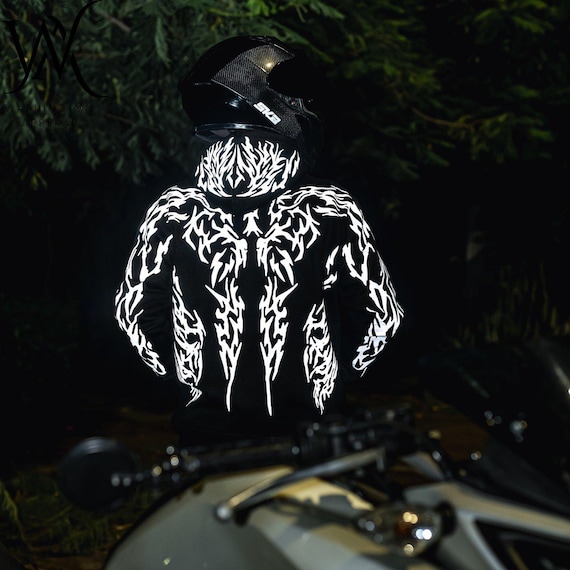 Reflective Biker Hoodie | Motorcycle Jacket with Glow Flame Tribal Print | Black White Protective Riding Hoodie for Men