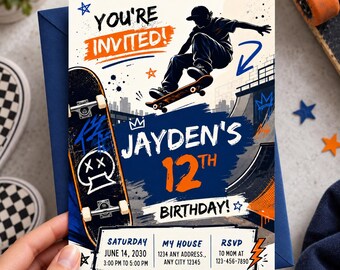 May include: A rectangular birthday invitation card featuring a skateboarder graphic, the text YOU'RE INVITED, JAYDEN'S 12TH BIRTHDAY, and event details including Saturday June 14, 2030, 3:00 PM to 5:00 PM, My House, 1234 Any Address, Any City 12345.