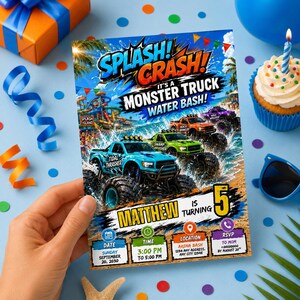 Inbjudan till Monster Truck Water Splash Party | Sommarfödelsedagsfest (digital nedladdning)