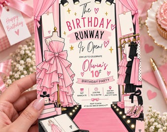 May include: A rectangular birthday party invitation card featuring a pink runway theme with a mannequin in a ruffled pink dress, a clothing rack with garments, and text that reads The Birthday Runway Is Open! Join us to celebrate Olivia's 10th Birthday Party.