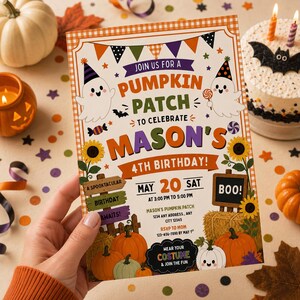 May include: A rectangular Halloween-themed birthday invitation card featuring orange gingham borders, two white ghosts, sunflowers, pumpkins, and hay bales. The text reads: Join us for a pumpkin patch to celebrate Mason's 4th birthday! May 20 Sat.