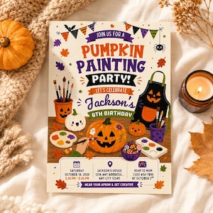 May include: A rectangular invitation for a Pumpkin Painting Party for Jackson's 6th birthday. The design features illustrations of pumpkins, paintbrushes, palettes, and an apron. Text includes date, time, location, and RSVP details for October 18, 2030.