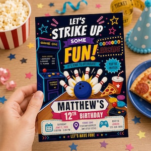 May include: A rectangular birthday invitation card with a dark blue background featuring a bowling theme, a retro arcade cabinet, a bowling ball hitting pins, a slice of pizza, and text reading Let's Strike Up Some Fun! Matthew's 12th Birthday.
