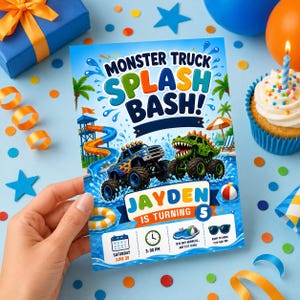 Monstertruck Splash Bash Geburtstagseinladung | Dinosaurier Wasserparty (Digitaler Download)