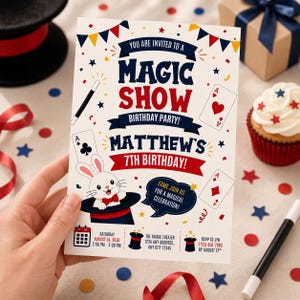 May include: A rectangular birthday party invitation card featuring a magic show theme with a white rabbit in a top hat, playing cards, and red, white, and blue bunting. The text reads: You are invited to a Magic Show Birthday Party! Matthew's 7th Birthday!