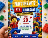 Building Block Birthday Invitation Template, Master  Builder, Bricks party Invite, Editable Canva Digital Invitation