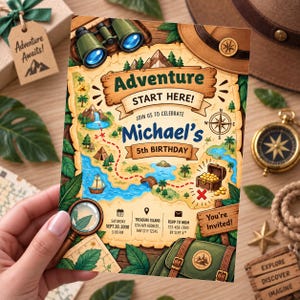 May include: A rectangular invitation card featuring a treasure map illustration with green binoculars, a compass, and a magnifying glass. The text reads Adventure START HERE! JOIN US TO CELEBRATE Michael's 5th BIRTHDAY, with event details and You're Invited!