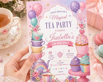 Magische theekrans verjaardagskaart, pastelkleurige regenboogprinsessenuitnodiging (digitale download)
