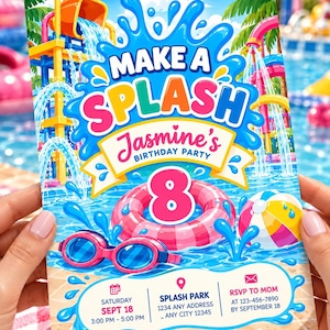 Inbjudan till Splash Park-födelsedag, inbjudan till vattenparksfest (redigerbar Canvas-mall)
