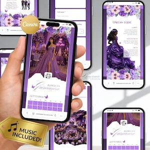 以下が含まれることがあります： スマートフォンには、9月に開催されるイザベラのキンセアニェーラへのデジタル招待状が表示されています。デザインは紫色のテーマで、花のアクセント、紫色のガウンを着た女性の写真、そして「音楽付き！」というテキストが特徴です。