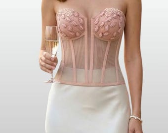 Blush Crystal Corset Top – Strapless Embellished Bustier, Structured Boned Overbust Corset, Elegant Statement Top