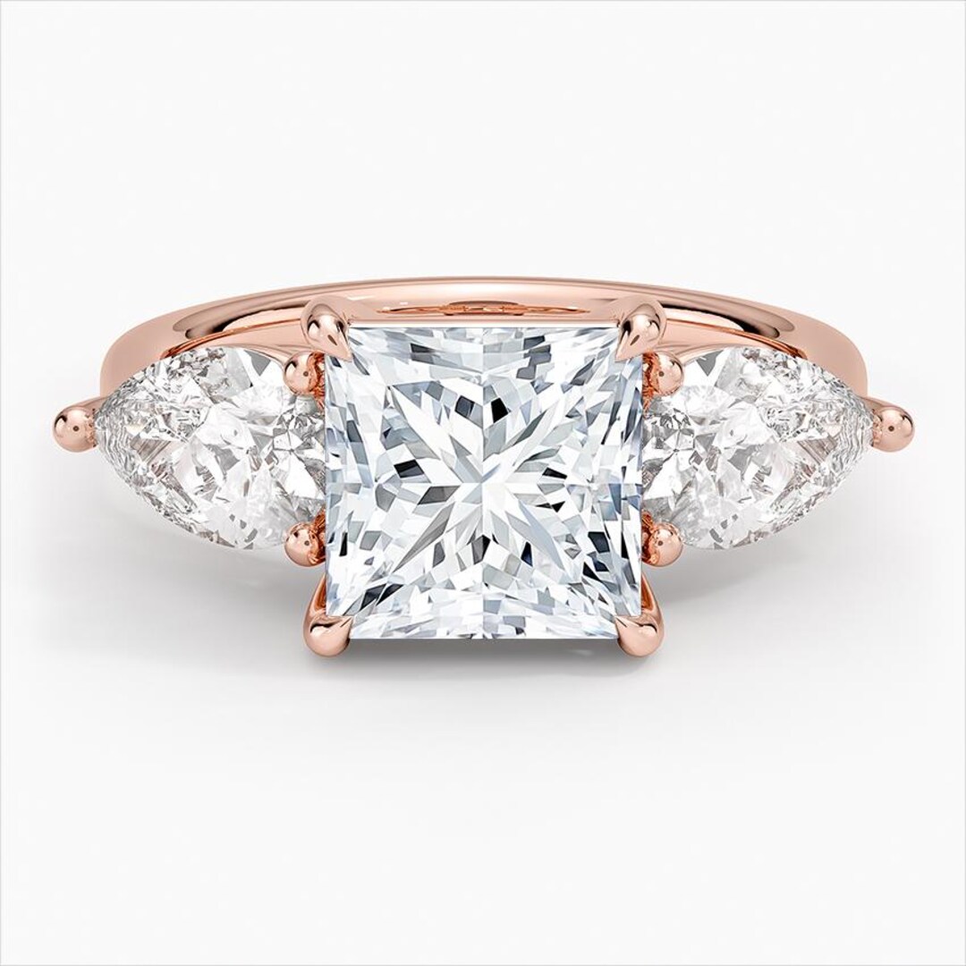 Princess Cut Lab Diamond Three Stone Ring | 14K Rose Gold Engagement ...
