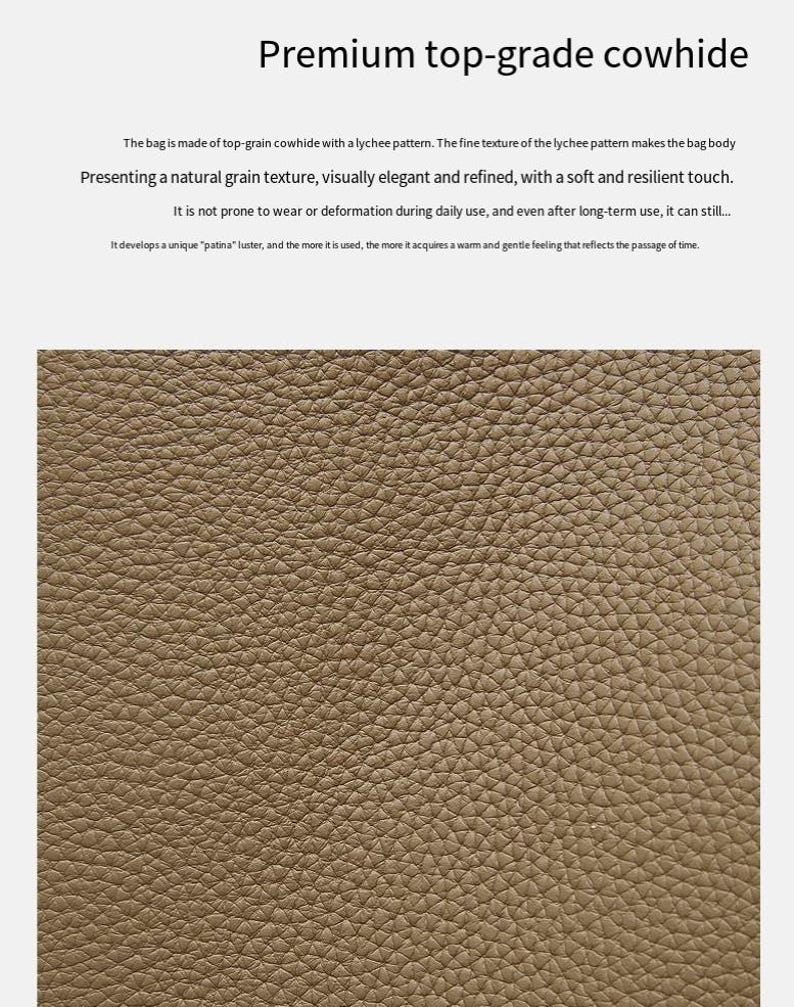 May include: Close-up of premium top-grade cowhide leather. The leather has a natural grain texture with a lychee pattern. The text in the image says the leather is visually elegant and refined, with a soft and resilient touch.