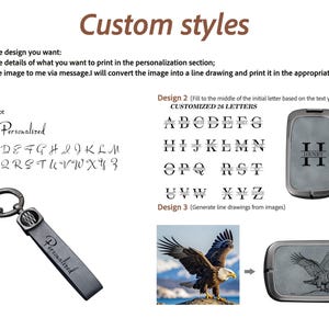 May include: Image showcasing custom styles for personalized items. Includes examples of fonts, letter designs, and an eagle illustration. A key chain with the word "Personalized" is also shown.