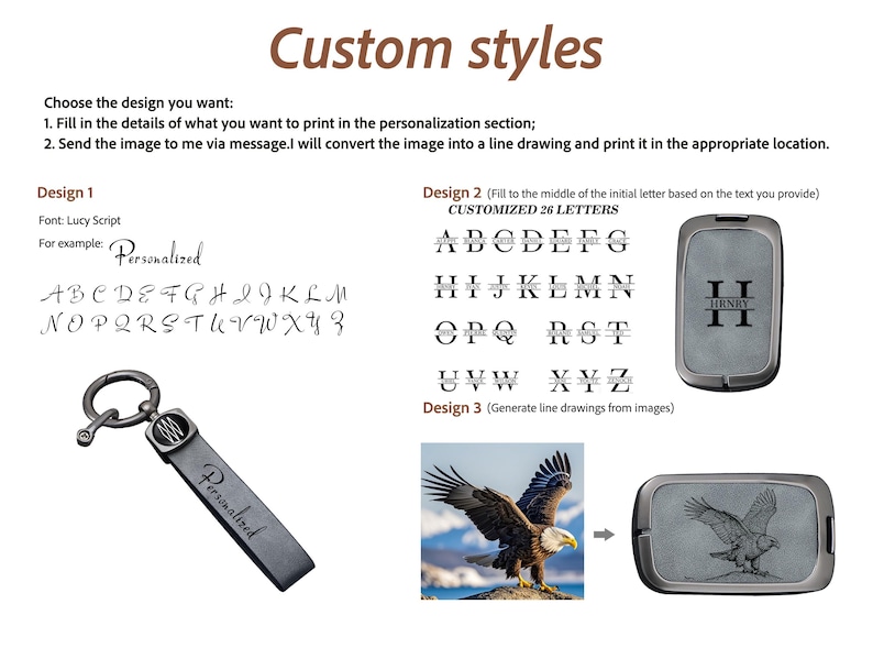 May include: Image showcasing custom styles for personalized items. Includes examples of fonts, letter designs, and an eagle illustration. A key chain with the word "Personalized" is also shown.