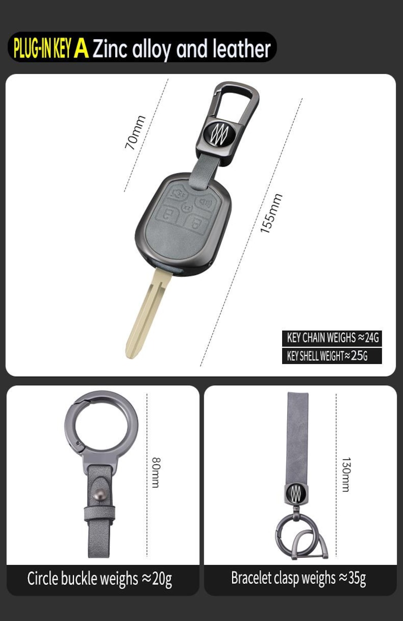 May include: A key fob with a zinc alloy and leather design, measuring 155mm in length. The key fob has a key chain that weighs approximately 24g and a key shell that weighs approximately 25g. The image also shows a circle buckle and a bracelet clasp.