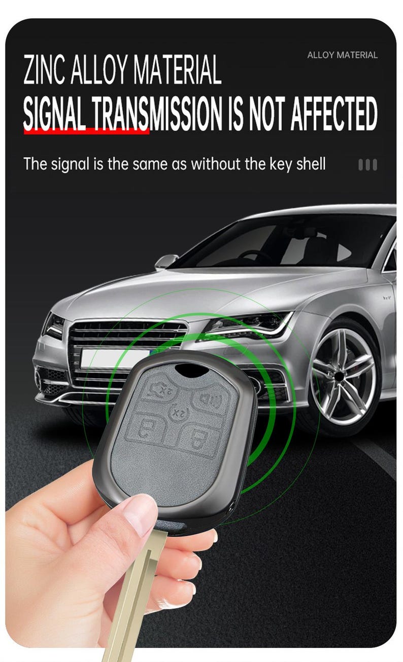 May include: A black car key fob made of zinc alloy is held in front of a silver car. The key fob has buttons for locking and unlocking the car. Text on the image reads "ZINC ALLOY MATERIAL SIGNAL TRANSMISSION IS NOT AFFECTED".