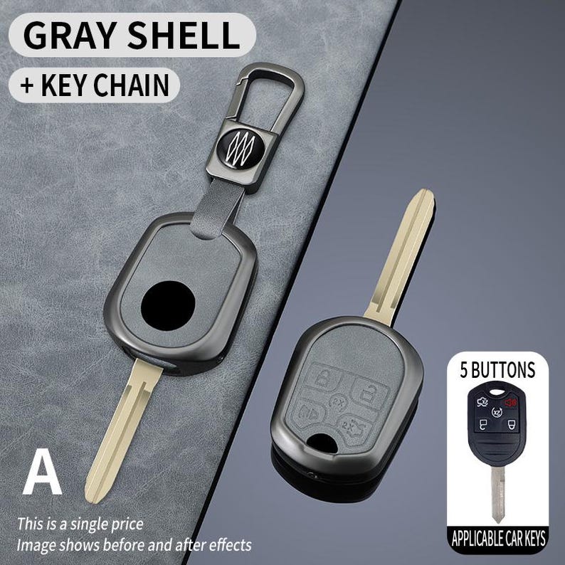 May include: Gray car key shell with a key chain, featuring a black circle and a silver key. The image also shows a car key with five buttons. Text on the image reads "GRAY SHELL + KEY CHAIN" and "5 BUTTONS".