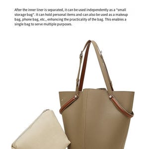 May include: A taupe tote bag with brown leather handles and a matching small pouch. The tote has a structured design and a rectangular shape. The text "Women's Bag #" is at the top of the image.