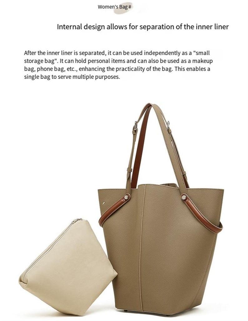 May include: A taupe tote bag with brown leather handles and a matching small pouch. The tote has a structured design and a rectangular shape. The text "Women's Bag #" is at the top of the image.