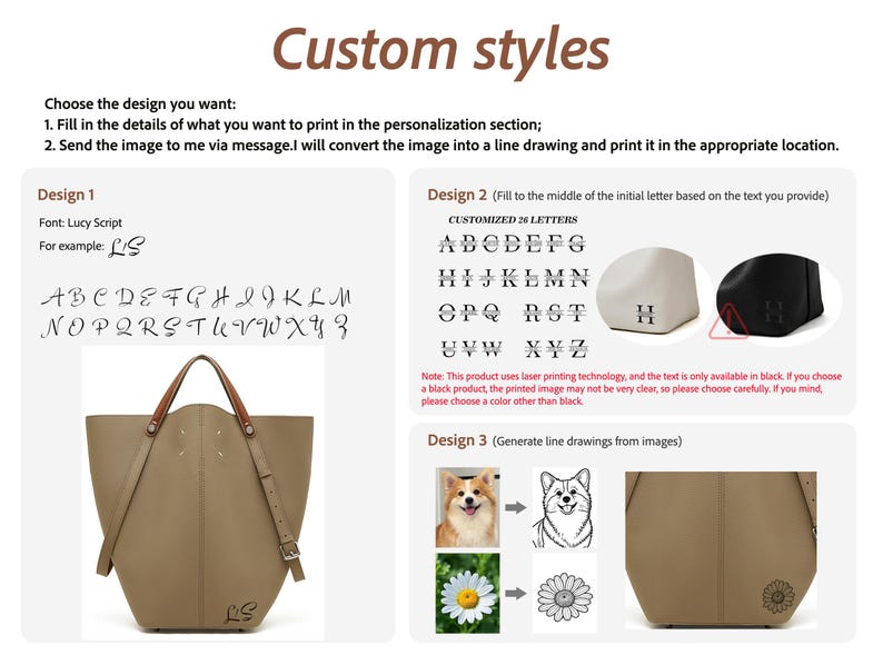 May include: A beige tote bag with brown straps and custom design options. The image displays examples of fonts, initials, and line drawings for personalization. The text "Custom styles" is visible, along with instructions for the customer.