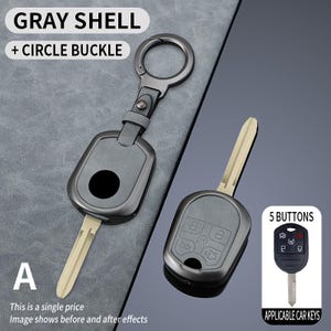 May include: Gray car key shell with a circle buckle and a key. The text "GRAY SHELL + CIRCLE BUCKLE" is at the top. The text "A" is at the bottom left, with the text "This is a single price Image shows before and after effects" below it. A smaller image shows the applicable car keys.