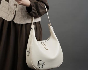 Personalized custom genuine leather handbag, versatile commuter shoulder bag, crossbody bag, trendy design, cowhide underarm bag.