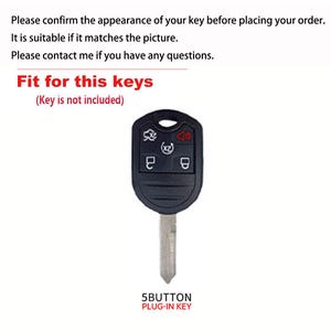 May include: Black car key with five buttons, including lock, unlock, and panic. The key blade is silver. Text on the image reads "Fit for this keys" and "5 BUTTON PLUG-IN KEY".