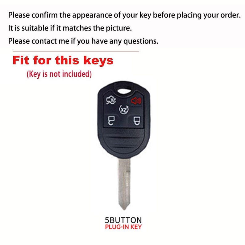 May include: Black car key with five buttons, including lock, unlock, and panic. The key blade is silver. Text on the image reads "Fit for this keys" and "5 BUTTON PLUG-IN KEY".